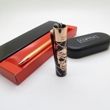 Clipper® Desenli Siyah Rose Gold Kişiye Özel Çakmak ve Kalem Seti | Hediyelik Çakmak