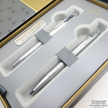 Parker Im Premium Desenli Parlak Krom Metal CT Roller Kalem + Tükenmez Kalem Set | İsme Özel Kalem | Hediyelik Kalem