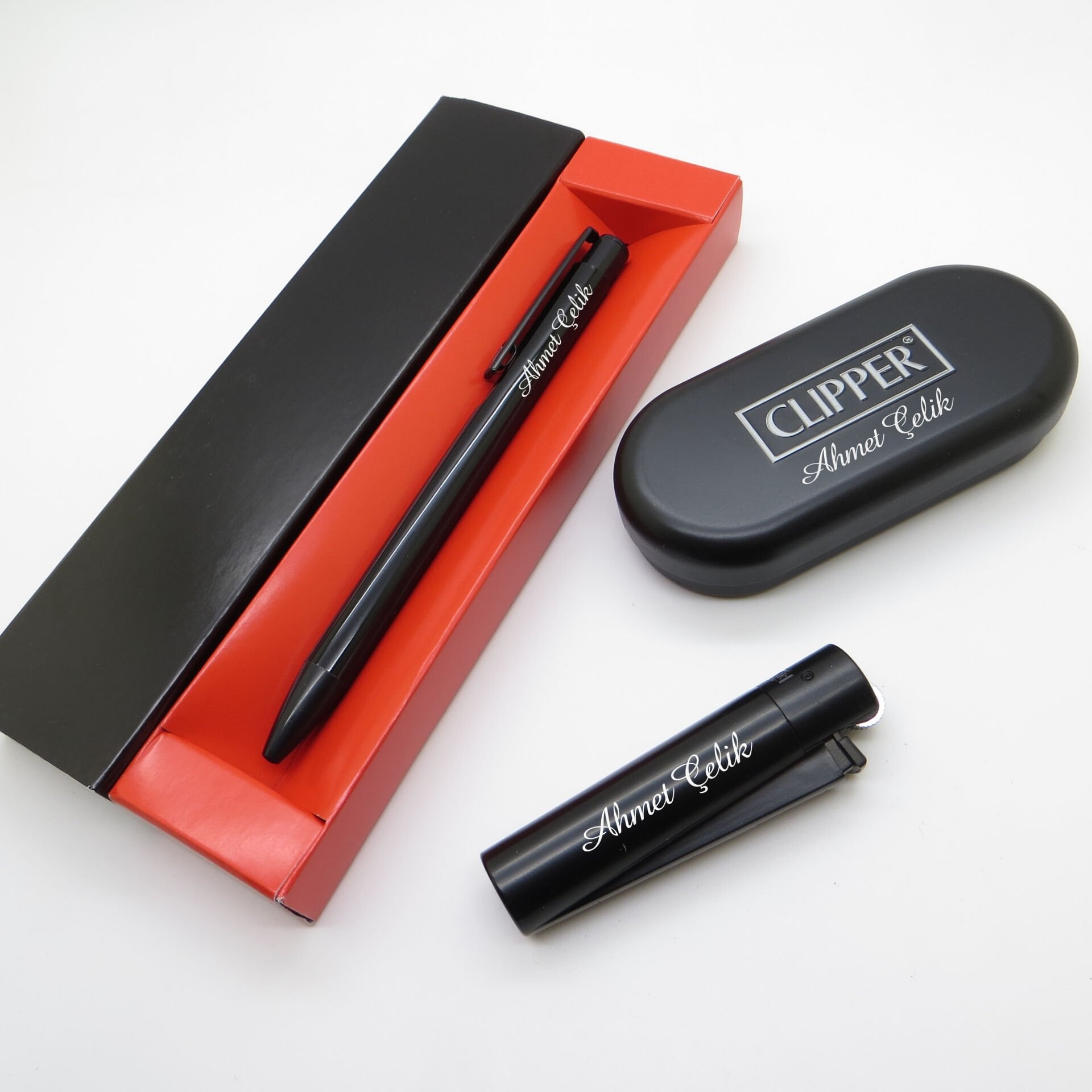 Clipper® Klasik Siyah Kişiye Özel Çakmak ve Kalem Seti | Hediyelik Çakmak