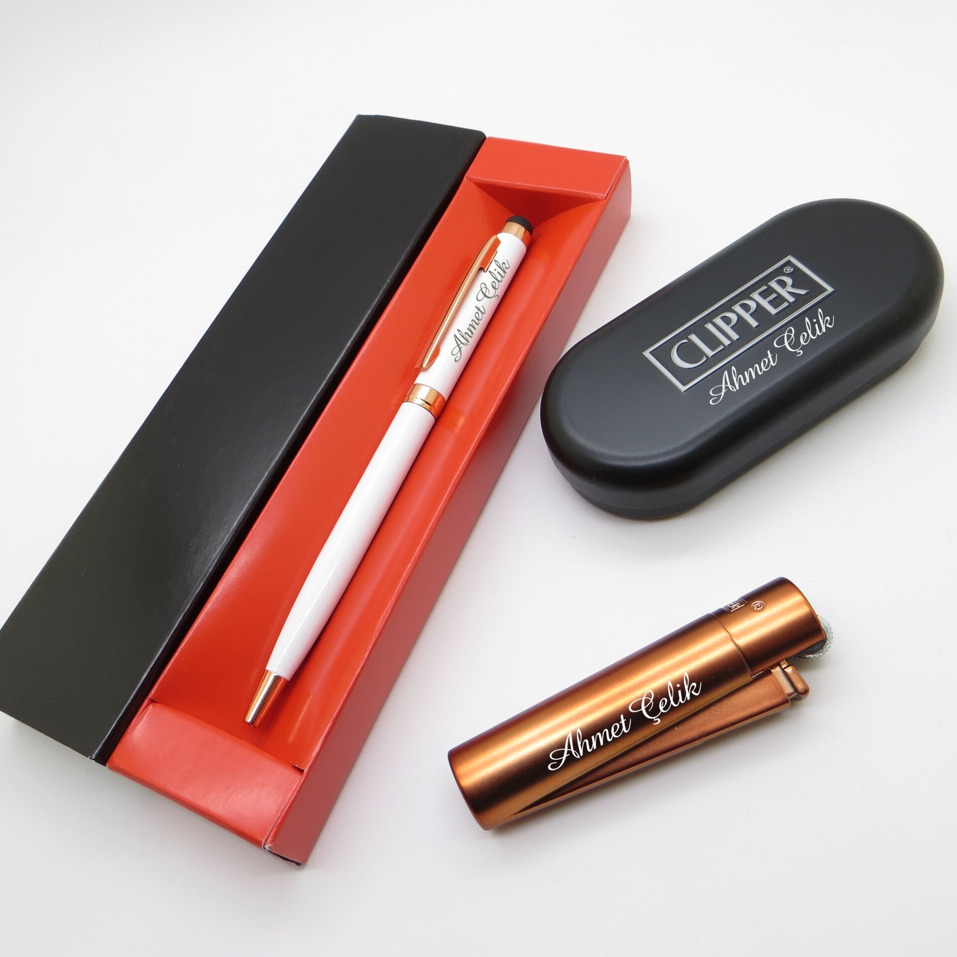 Clipper® Klasik Mat Bronz Gold Kişiye Özel Çakmak ve Kalem Seti | Hediyelik Çakmak