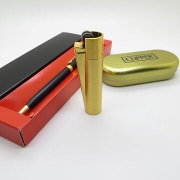 Clipper® Klasik Mat Gold Kişiye Özel Çakmak ve Kalem Seti | Hediyelik Çakmak