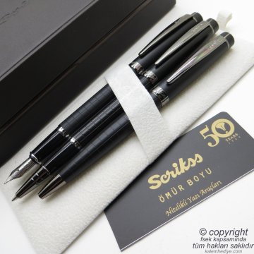 Scrikss 38 3'lü Set Mat Siyah Ahşap Deri Kutulu | Dolma Kalem + Roller Kalem + Tükenmez Kalem Set | Scrikss Noble | İsme Özel Kalem | Hediyelik Kalem