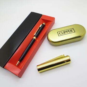 Clipper® Klasik Parlak Gold Kişiye Özel Çakmak ve Kalem Seti | Hediyelik Çakmak