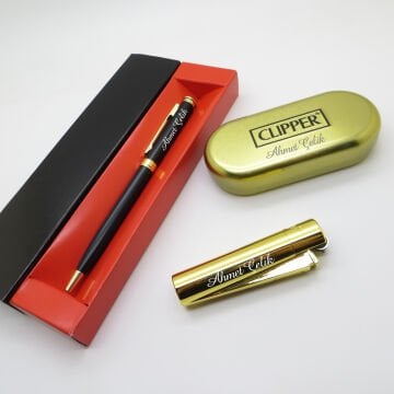 Clipper® Klasik Parlak Gold Kişiye Özel Çakmak ve Kalem Seti | Hediyelik Çakmak