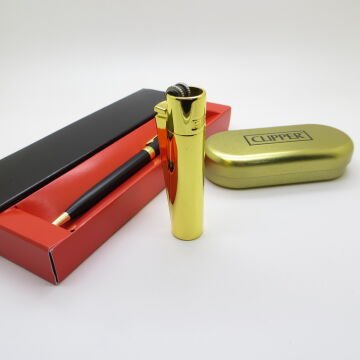 Clipper® Klasik Parlak Gold Kişiye Özel Çakmak ve Kalem Seti | Hediyelik Çakmak