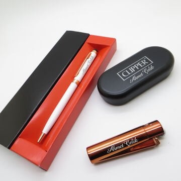 Clipper® Klasik Parlak Bronz Kişiye Özel Çakmak ve Kalem Seti | Hediyelik Çakmak