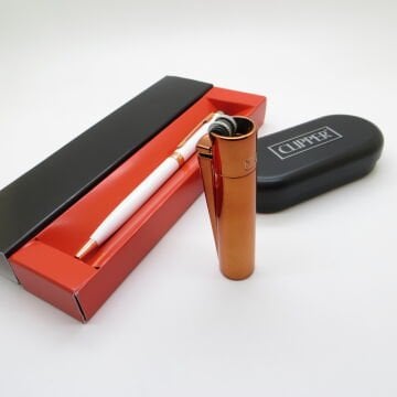 Clipper® Klasik Parlak Bronz Kişiye Özel Çakmak ve Kalem Seti | Hediyelik Çakmak