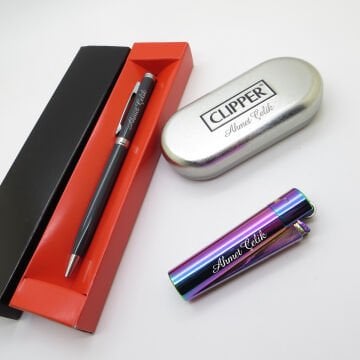 Clipper® Klasik Gökkuşağı Kişiye Özel Çakmak ve Kalem Seti | Hediyelik Çakmak