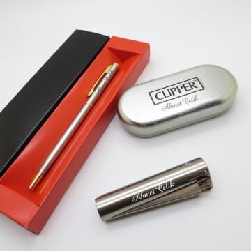 Clipper® Klasik Manyetolu Brushed Kişiye Özel Çakmak ve Kalem Seti | Hediyelik Çakmak