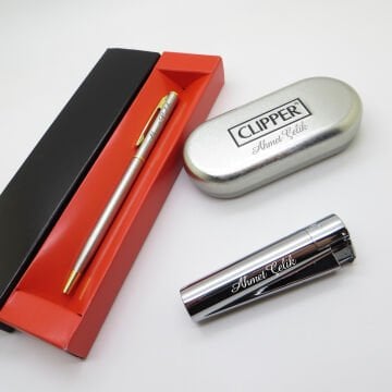 Clipper® Klasik Manyetolu Parlak Krom Kişiye Özel Çakmak ve Kalem Seti | Hediyelik Çakmak