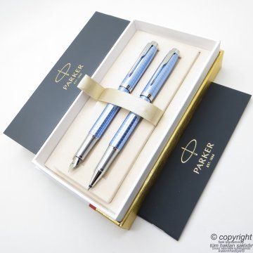 Parker IM Premium Sky Mavi Dolma Kalem + Roller Kalem Set | İsme Özel
