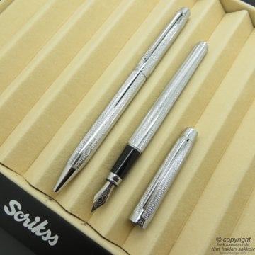 Scrikss 722W Krom Dolma Kalem + Tükenmez Kalem Set | Scrikss Kalem | İsme Özel Kalem | Hediyelik Kalem