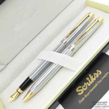 Scrikss 722W Gold Krom Dolma Kalem + Tükenmez Kalem Set | Scrikss Kalem | İsme Özel Kalem | Hediyelik Kalem
