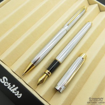 Scrikss 722W Gold Krom Dolma Kalem + Tükenmez Kalem Set | Scrikss Kalem | İsme Özel Kalem | Hediyelik Kalem
