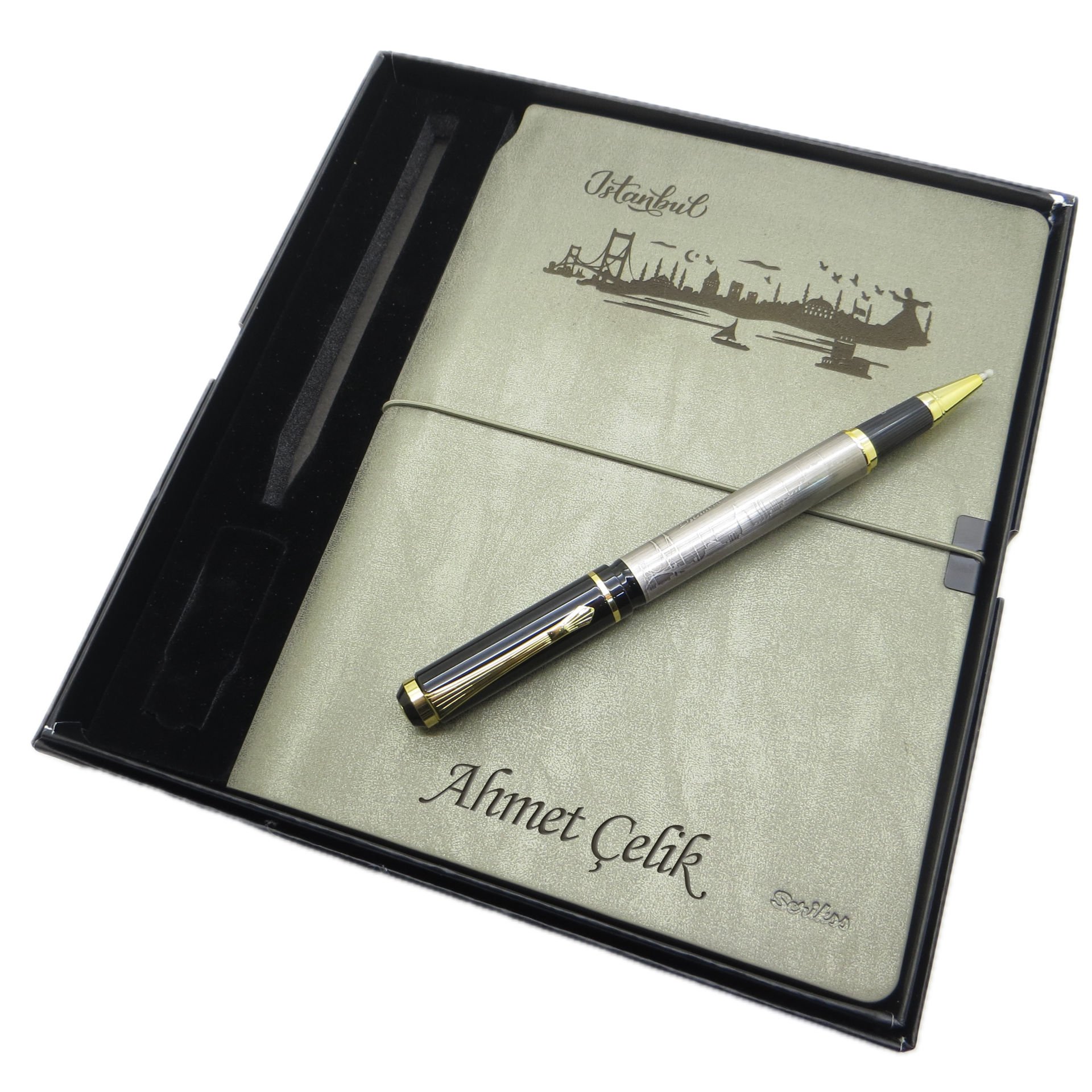 Scrikss İsme Özel Verona Defter(İstanbul Silüeti) + İsme Özel İstanbul Kalem + Kişiye Özel Kutulu Set