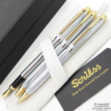 Scrikss 722W 3'lü Set Gold Krom | Dolma Kalem + Tükenmez Kalem + Versatil Kalem Set | Scrikss Kalem | İsme Özel Kalem | Hediyelik Kalem