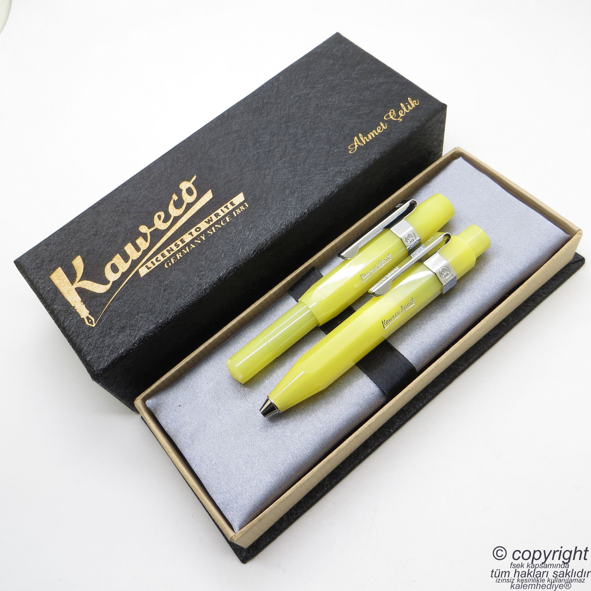 Kaweco Kalem Seti Frosted Sarı | Dolma Kalem + Tükenmez Kalem Set | İsme Özel Kalem
