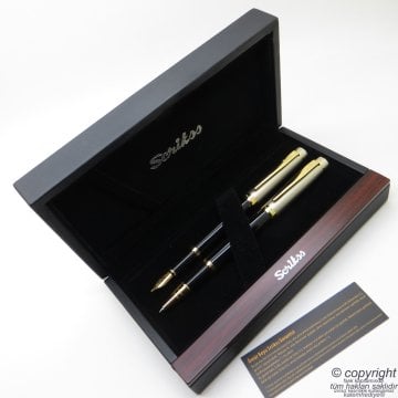 Scrikss Special İsme Özel Saten Siyah Altın Ahşap Kutulu Dolma Kalem + Roller Kalem Set