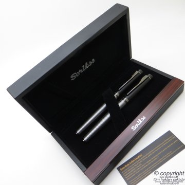 Scrikss Special İsme Özel Karbon Siyah Gri Ahşap Kutulu Dolma Kalem + Roller Kalem Set