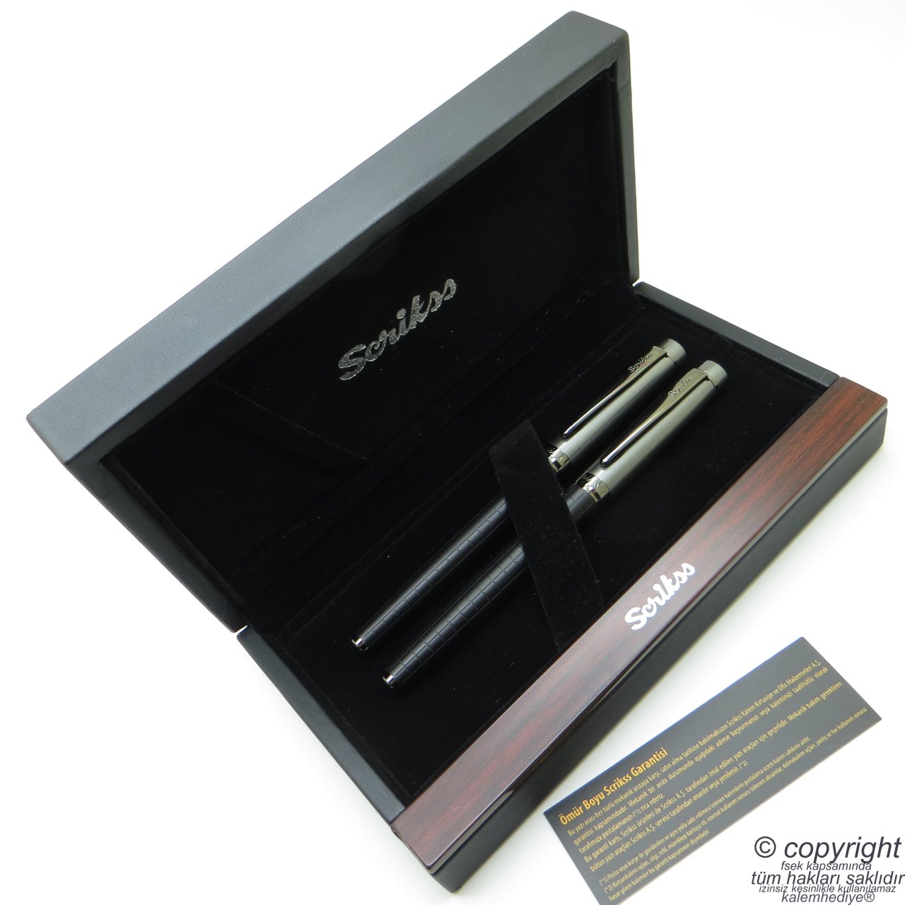 Scrikss Special İsme Özel Siyah Karbon Gri Ahşap Kutulu Dolma Kalem + Roller Kalem Set