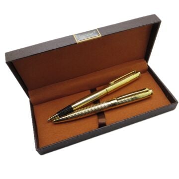 Signator® M569 Parlak Gold Kalem Seti | Roller + Tükenmez Kalem | İsme Özel Kalem | Hediyelik Kalem
