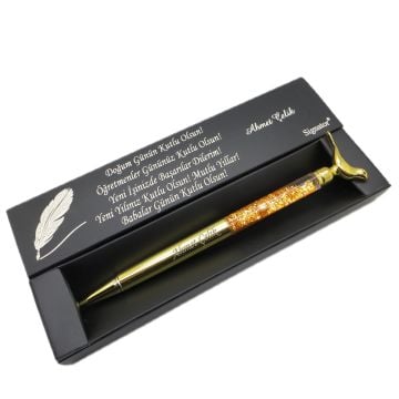 Signator® C453 Kuş Figürü Başlıklı Simli Gold Tükenmez Kalem | İsme Özel Kalem | Hediyelik Kalem