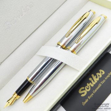Scrikss 39 Dolma Kalem + Tükenmez Kalem Gold Krom Takım | Scrikss Kalem | İsme Özel Kalem | Hediyelik Kalem