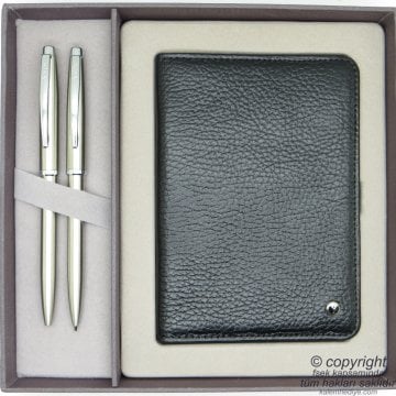 Scrikss Deri Pasaport Cüzdanlı Mat Krom Hediyelik Set MD-2132 | Pasaportluk + Kalem Seti | Scrikss Kalem | İsme Özel Kalem | Hediyelik Set