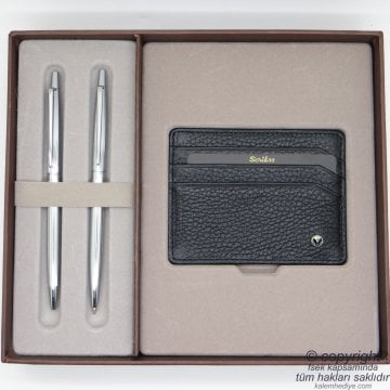 Scrikss Deri Kartlıklı İnce Krom Hediyelik Set MD-2150 | Deri Kartlık + Kalem Seti | Scrikss Kalem | İsme Özel Kalem | Hediyelik Set