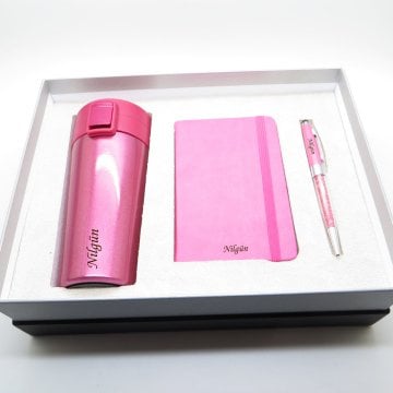 Wings Koyu Pembe İsme Özel Çelik Termos Set | Termos + Not Defteri + Roller Kalem