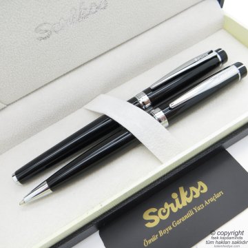 Scrikss 38 Siyah Krom Dolma Kalem + Tükenmez Kalem Set | Scrikss Kalem | İsme Özel Kalem | Hediyelik Kalem