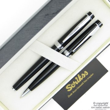 Scrikss 38 Siyah Krom Dolma Kalem + Tükenmez Kalem Set | Scrikss Kalem | İsme Özel Kalem | Hediyelik Kalem