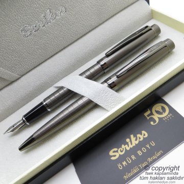 Scrikss 38 Karbon Gri Dolma Kalem + Tükenmez Kalem Set | Scrikss Kalem | İsme Özel Kalem | Hediyelik Kalem
