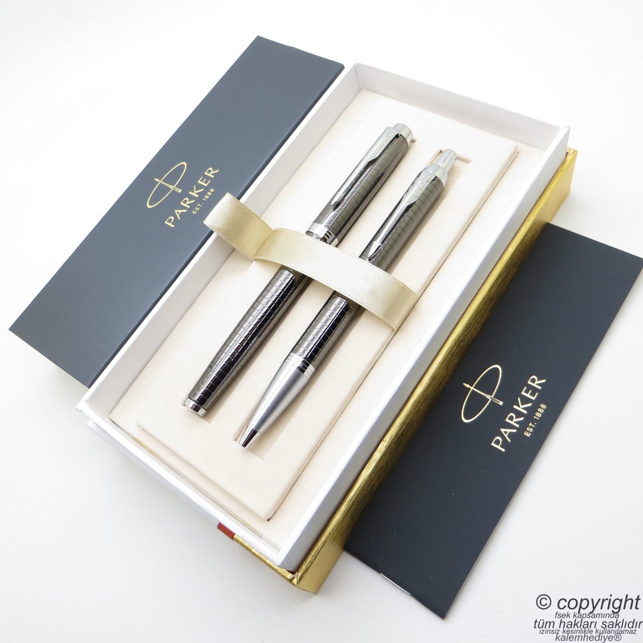 Parker IM Premium Desenli Titanyum Kurşuni Roller Kalem + Tükenmez Kalem Set | İsme Özel Kalem | Hediyelik Kalem