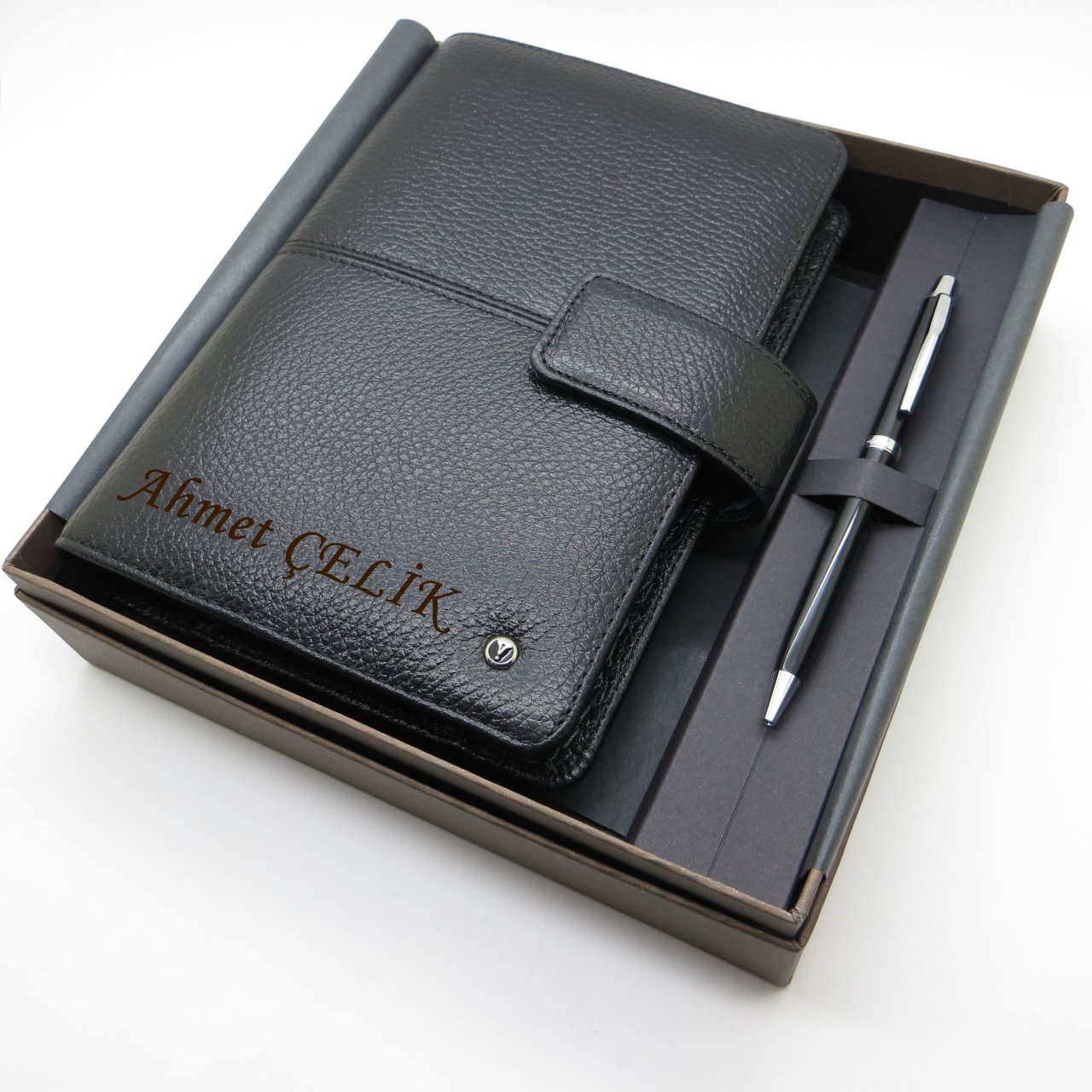 Scrikss Hakiki Deri 20x14 Organizer Flötr Siyah + Kalem | İsme Özel