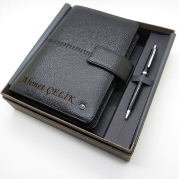 Scrikss Hakiki Deri 20x14 Organizer Flötr Siyah + Kalem | İsme Özel