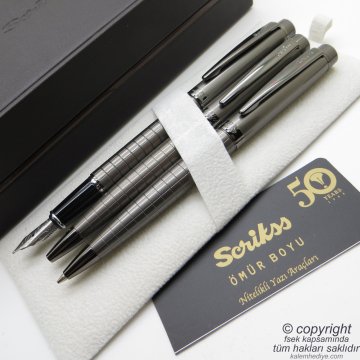 Scrikss 38 3'lü Set Karbon Gri Deri Ahşap Kutulu | Dolma Kalem + Tükenmez Kalem + Versatil Kalem Set | Scrikss Kalem | İsme Özel Kalem | Hediyelik Kalem