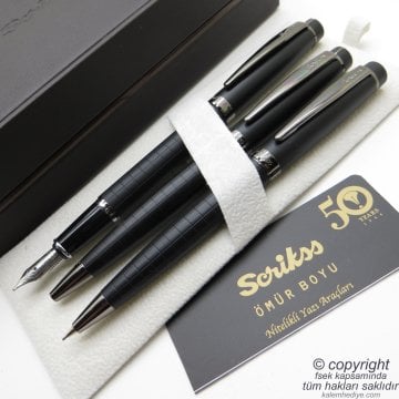 Scrikss 38 3'lü Set Mat Siyah Ahşap Deri Kutulu | Dolma Kalem + Tükenmez Kalem + Versatil Kalem Set | Scrikss Kalem | İsme Özel Kalem | Hediyelik Kalem
