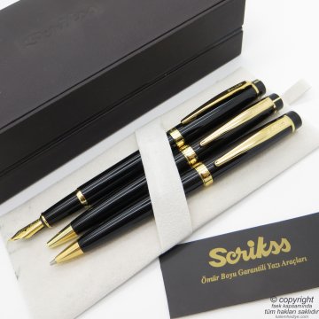 Scrikss 38 3'lü Set Siyah Altın Deri Ahşap Kutulu | Dolma Kalem + Tükenmez Kalem + Versatil Kalem | Scrikss Kalem | İsme Özel Kalem | Hediyelik Kalem