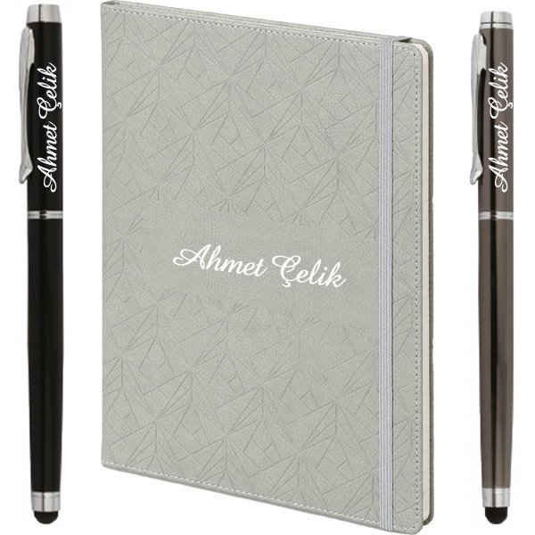 İsme Özel Motifli Gri Defter + İsme Özel Metal Roller Kalem | 19.5x25, 196sf. Kareli 90gr. Termo Deri | İsme Özel Defter | MT-406