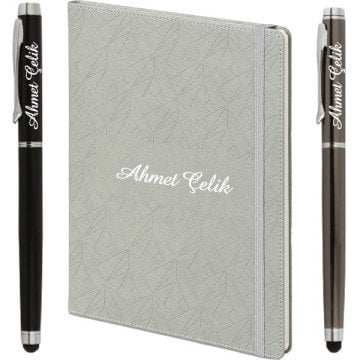 İsme Özel Motifli Gri Defter + İsme Özel Metal Roller Kalem | 19.5x25, 196sf. Kareli 90gr. Termo Deri | İsme Özel Defter | MT-406