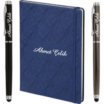 İsme Özel Motifli Lacivert + İsme Özel Metal Roller Kalem | 19.5x25, 196sf. Kareli 90gr. Termo Deri | İsme Özel Defter | MT-408
