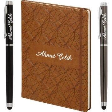İsme Özel Motifli Taba + İsme Özel Metal Roller Kalem | 19.5x25, 196sf. Kareli 90gr. Termo Deri | İsme Özel Defter | MT-409