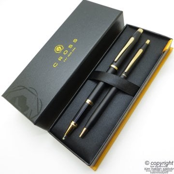 Cross 2524 Mat Siyah Altın Classic Century Altın Roller Kalem + Tükenmez Kalem Set | Cross Kalem | İsme Özel Kalem