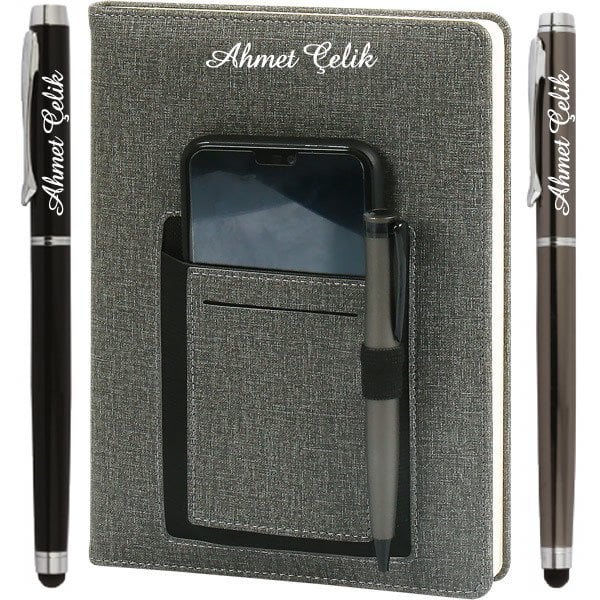İsme Özel Kanguru Cepli Defter Füme + İsme Özel Metal Roller Kalem | 15x21, 224sf. Çizgili 70gr. Termo Deri | İsme Özel Defter | MT-411