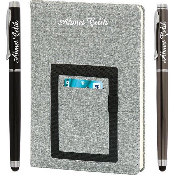 İsme Özel Kanguru Cepli Defter Gri + İsme Özel Metal Roller Kalem | 15x21, 224sf. Çizgili 70gr. Termo Deri | İsme Özel Defter | MT-412