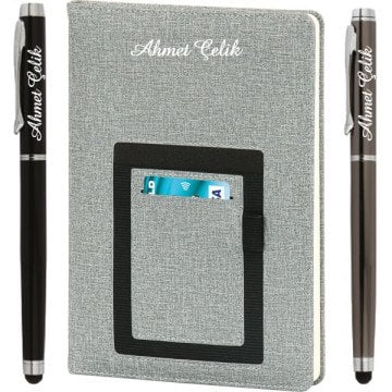 İsme Özel Kanguru Cepli Defter Gri + İsme Özel Metal Roller Kalem | 15x21, 224sf. Çizgili 70gr. Termo Deri | İsme Özel Defter | MT-412