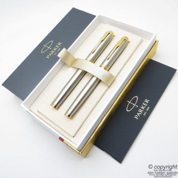 Parker IM Brushed Altın Metal Dolma Kalem + Roller Kalem Seti | İsme Özel Kalem
