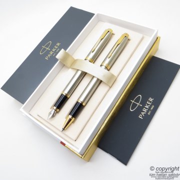 Parker IM Brushed Altın Metal Dolma Kalem + Roller Kalem Seti | İsme Özel Kalem
