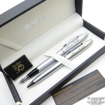Scrikss 35 Mat Krom Dolma Kalem + Tükenmez Kalem Set | Scrikss Kalem | İsme Özel Kalem | Hediyelik Kalem